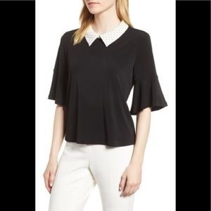 CeCe Mixed Media Polka Dot Collar Blouse